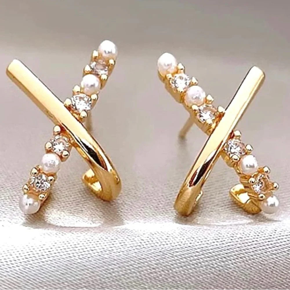 Gold Plated Cross Shaped Pearl and Zircon Stud Earrings - Picture 4 of 9